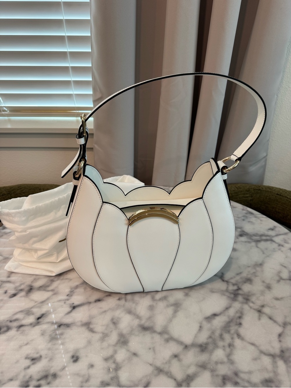 White Floral-Panel Shoulder Bag with Gold Accent
